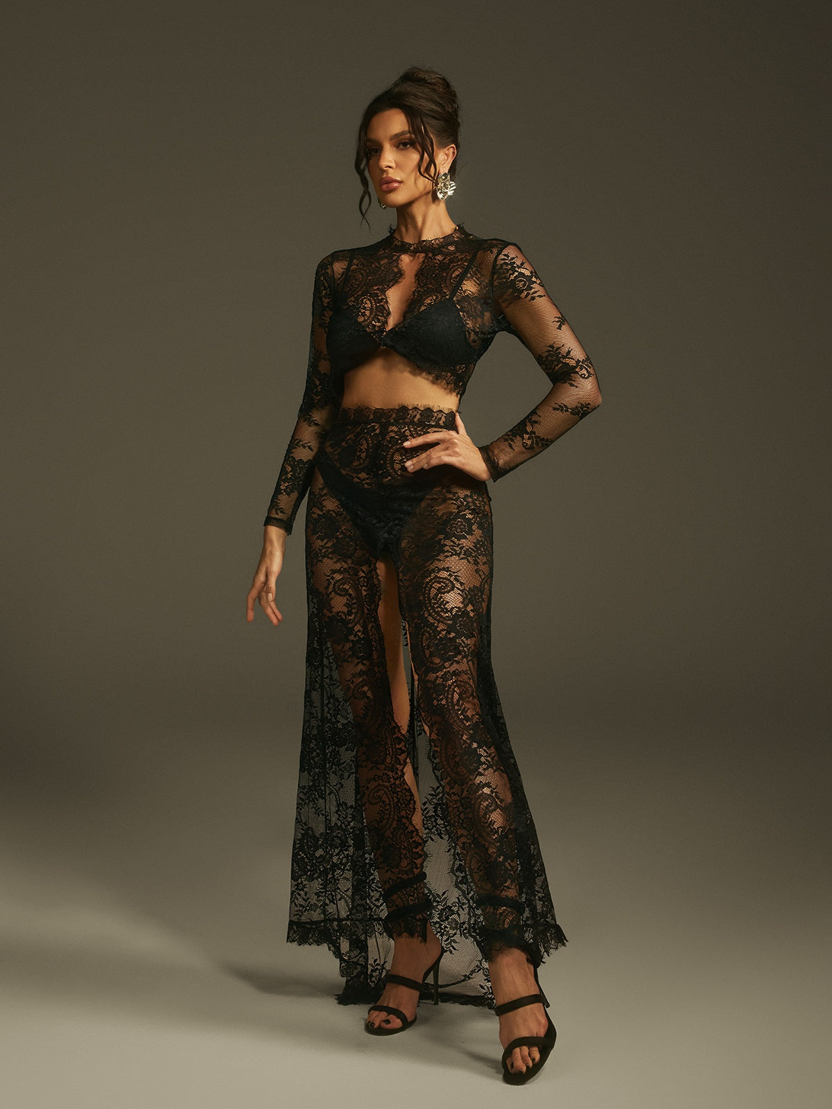 Betty Black Long Sleeve Lace Split Maxi Dress