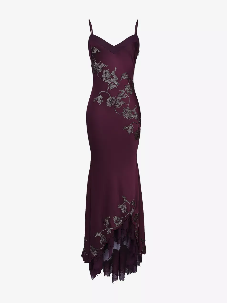 Plum Hand Beaded Embellished Satin Maxi Dress