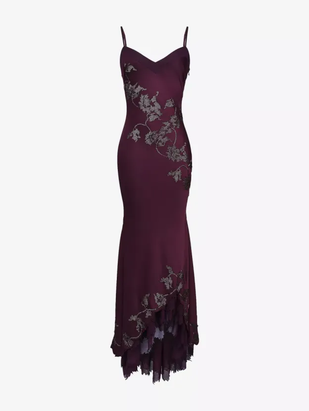 Plum Hand Beaded Embellished Satin Maxi Dress