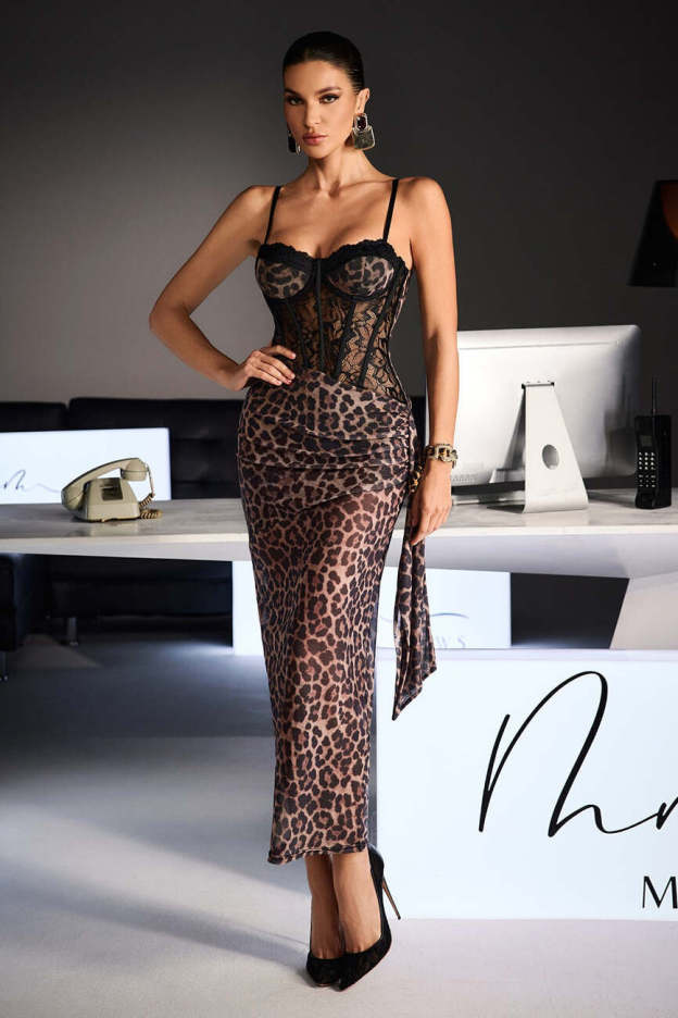 Inspired Spaghetti Leopard Lace Maxi Dress