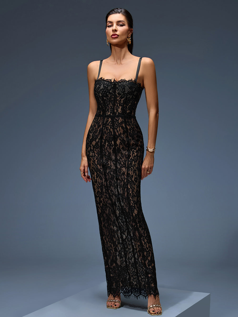 Elegant Open Back Slim Fit Lace Maxi Dress