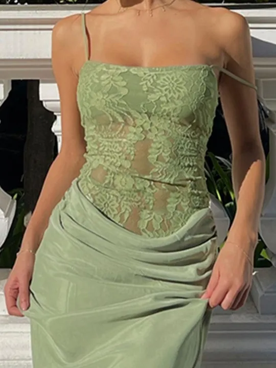 Green Lace-trimmed Bodycon Maxi Dress