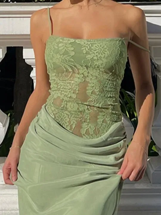 Green Lace-trimmed Bodycon Maxi Dress