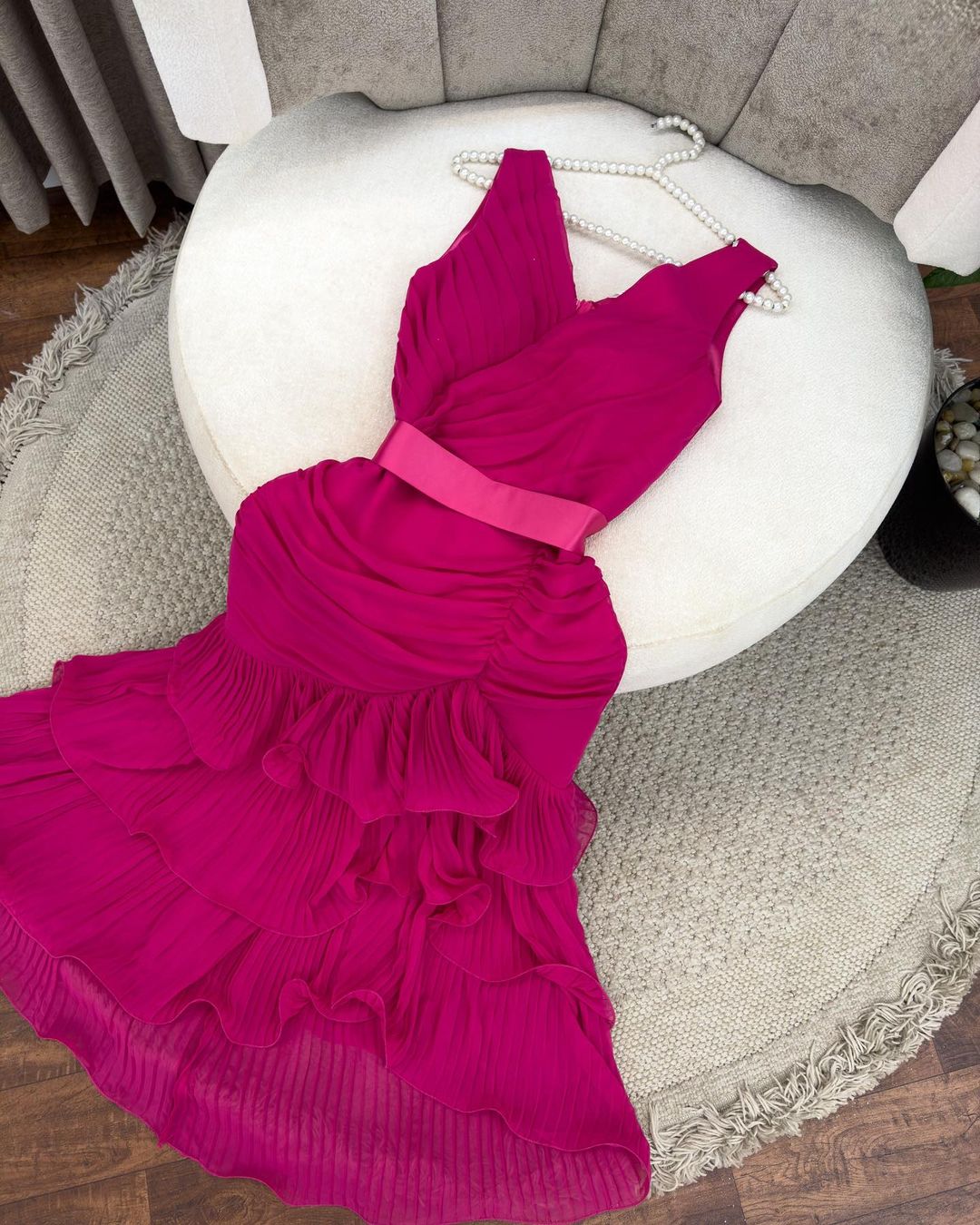 Pleated Bardot High Low Tier Chiffon Midi Dress