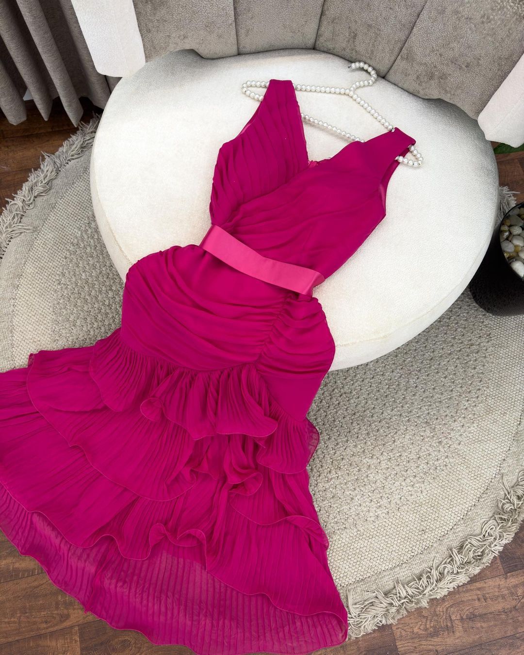 Pleated Bardot High Low Tier Chiffon Midi Dress