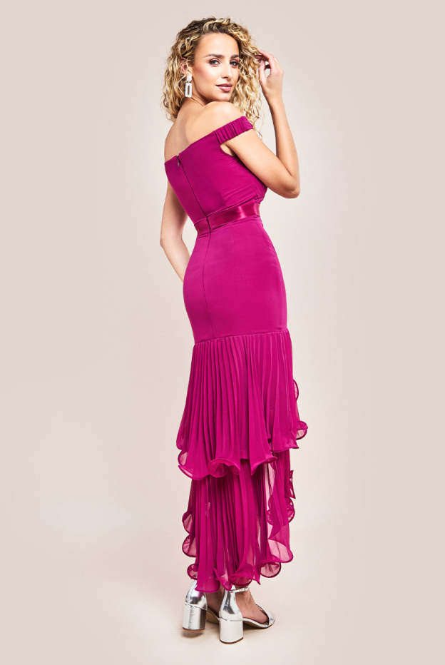 Pleated Bardot High Low Tier Chiffon Midi Dress
