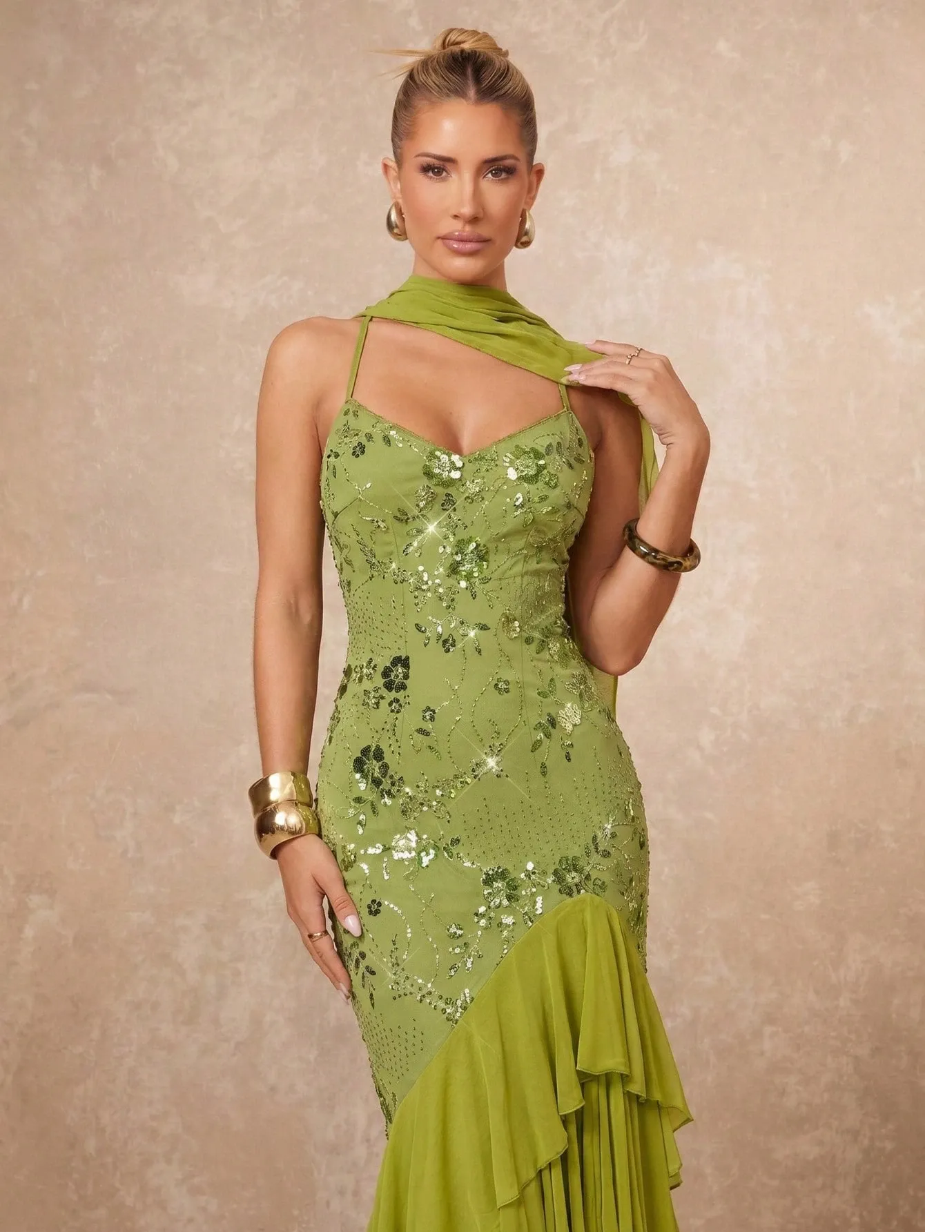 Mona Green Spaghetti Straps Maxi Dress