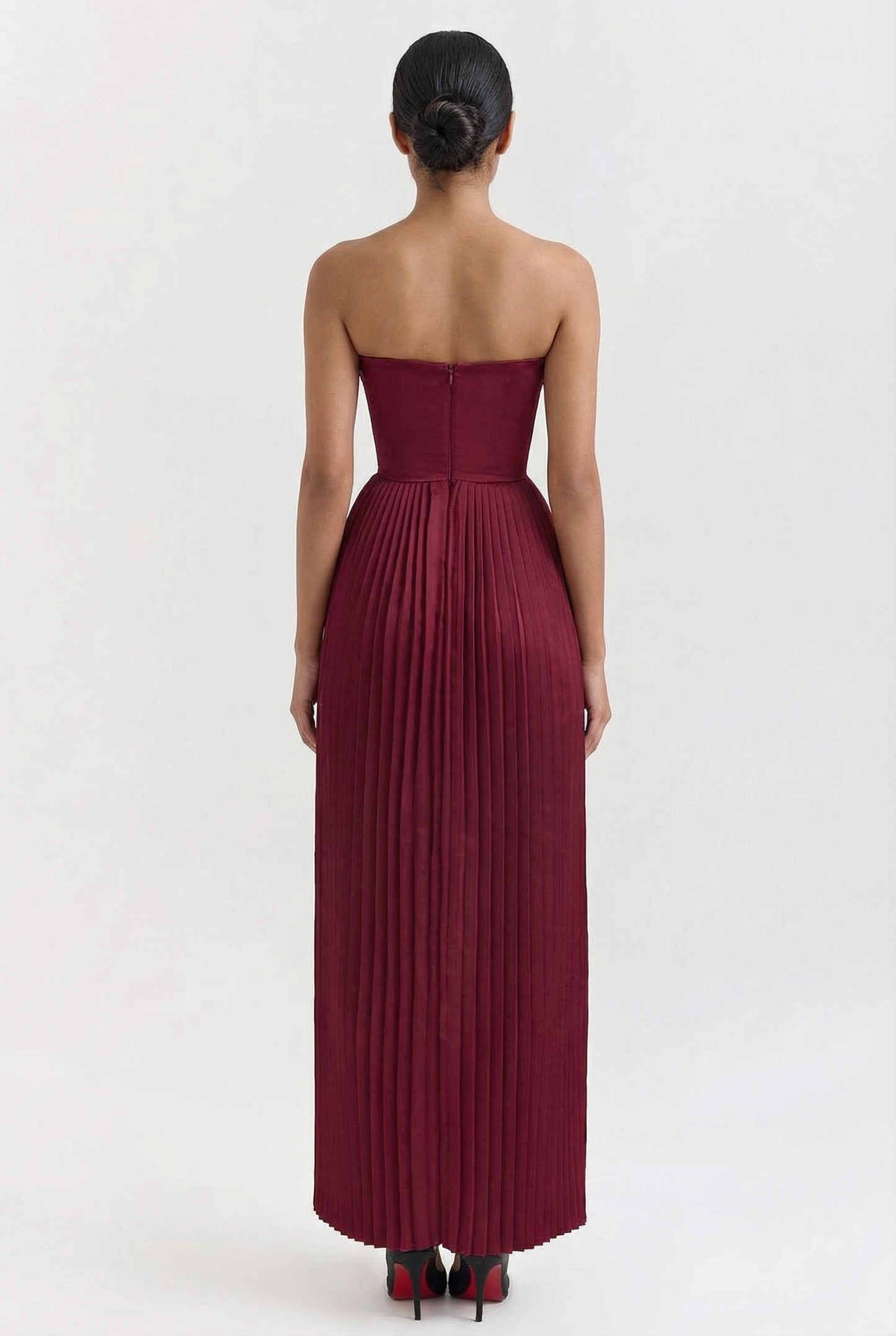 Chic Berry Pleated Satin Maxi Dress