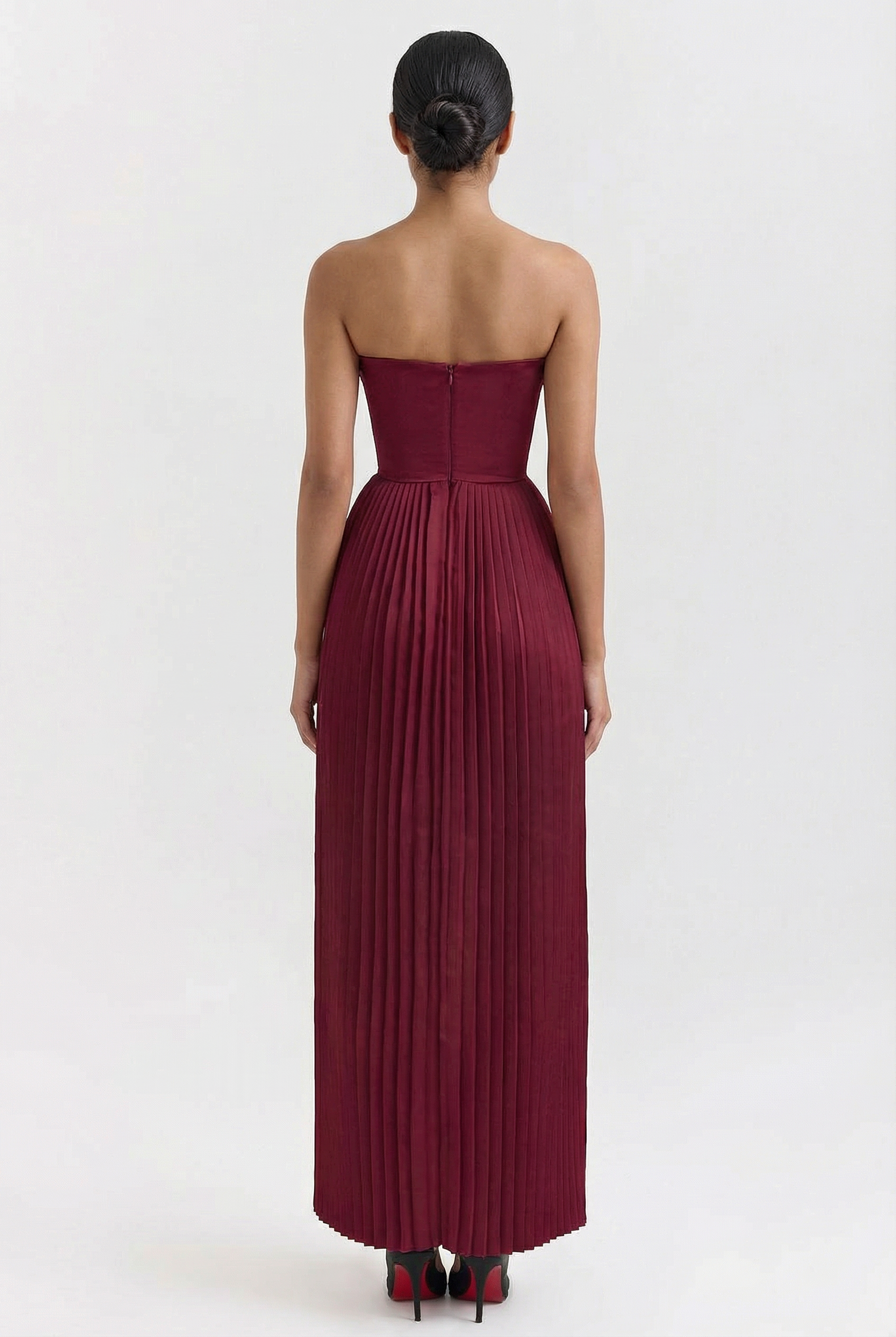 Chic Berry Pleated Satin Maxi Dress