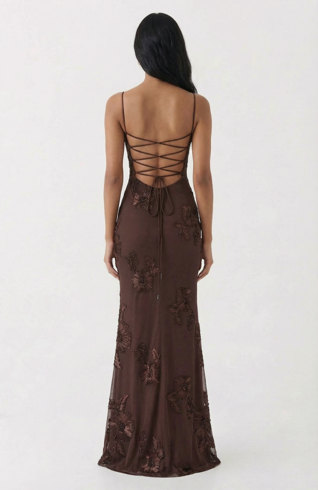 Nefertiti Magic Flower Detail Maxi Dress - Brown