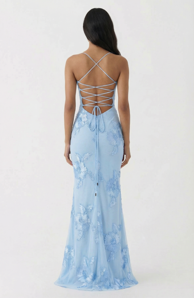 Nefertiti Magic Flower Detail Maxi Dress - Glacier Blue