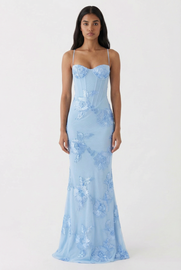 Nefertiti Magic Flower Detail Maxi Dress - Glacier Blue