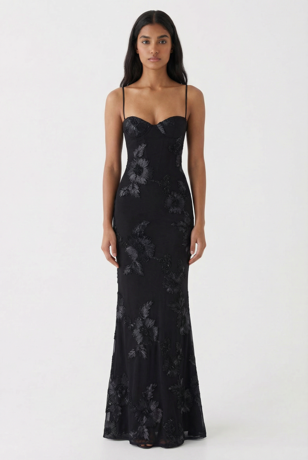 Nefertiti Magic Flower Detail Maxi Dress - Black