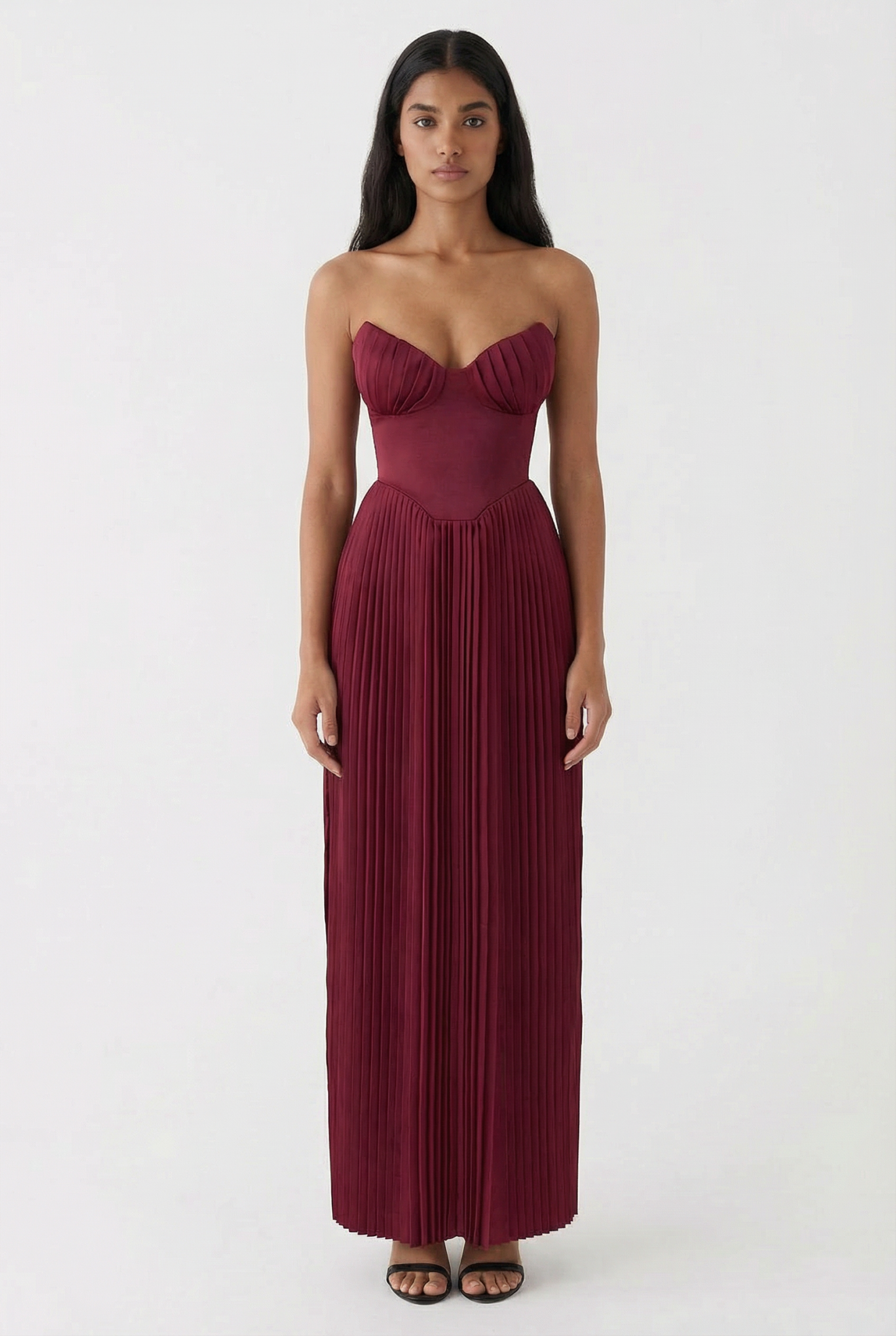 Chic Berry Pleated Satin Maxi Dress