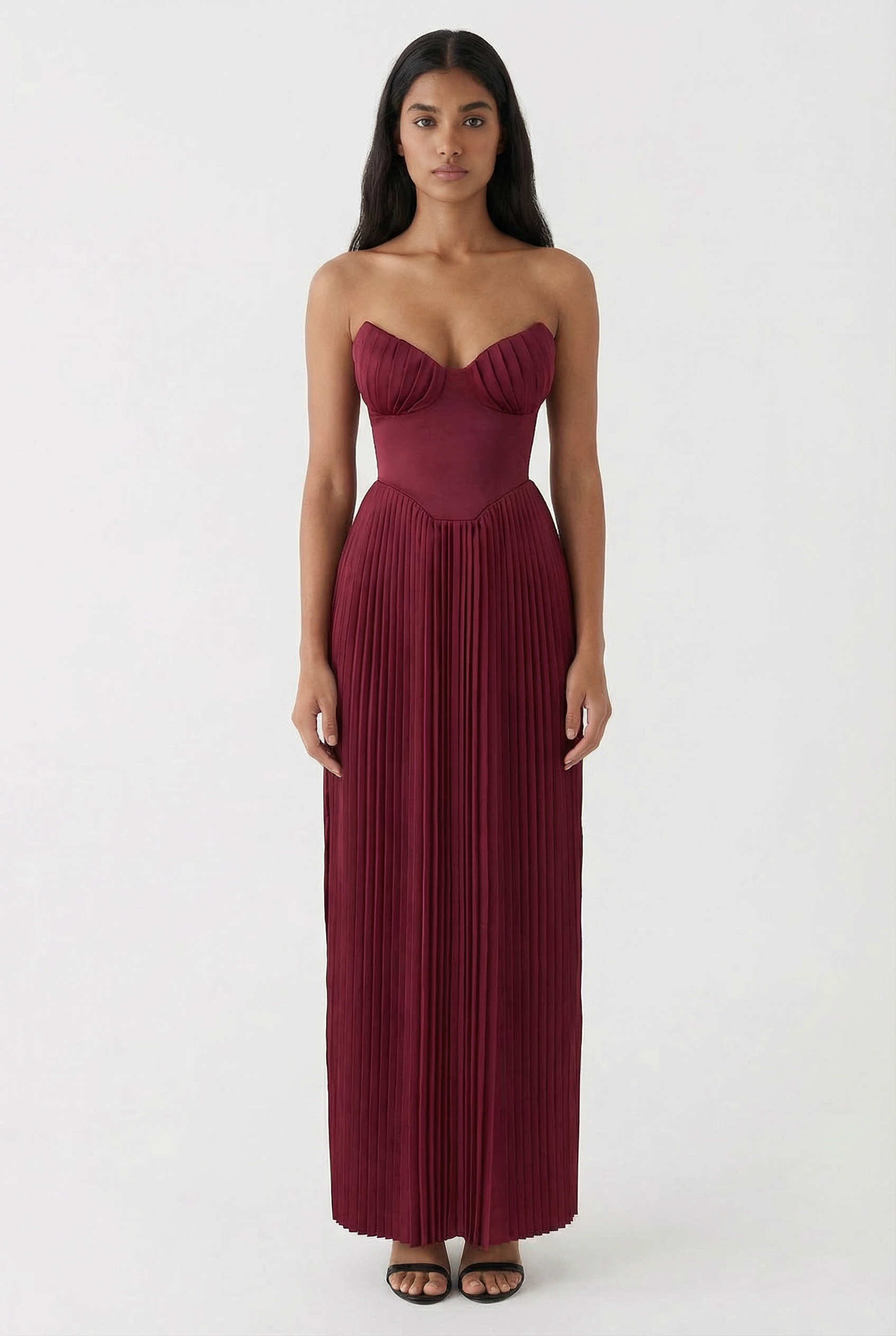 Chic Berry Pleated Satin Maxi Dress