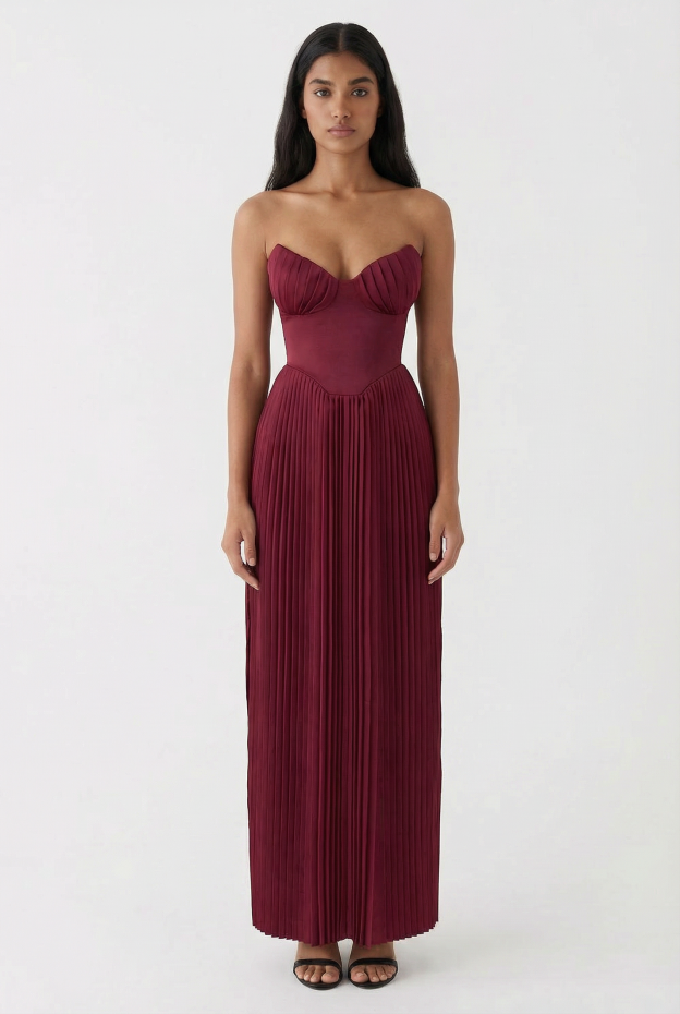 Chic Berry Pleated Satin Maxi Dress
