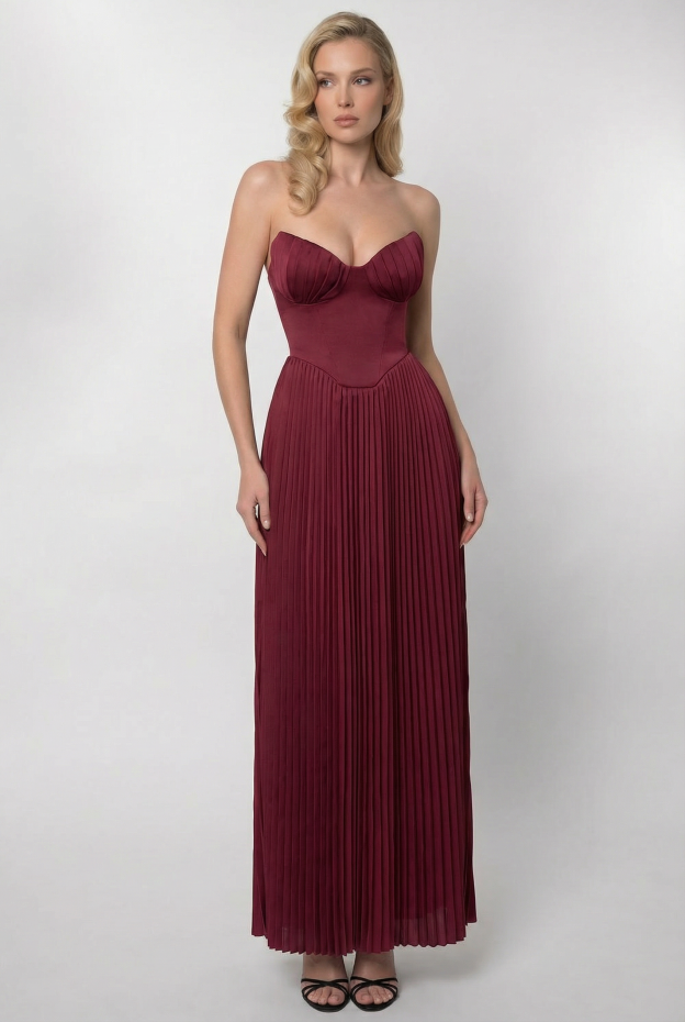 Chic Berry Pleated Satin Maxi Dress