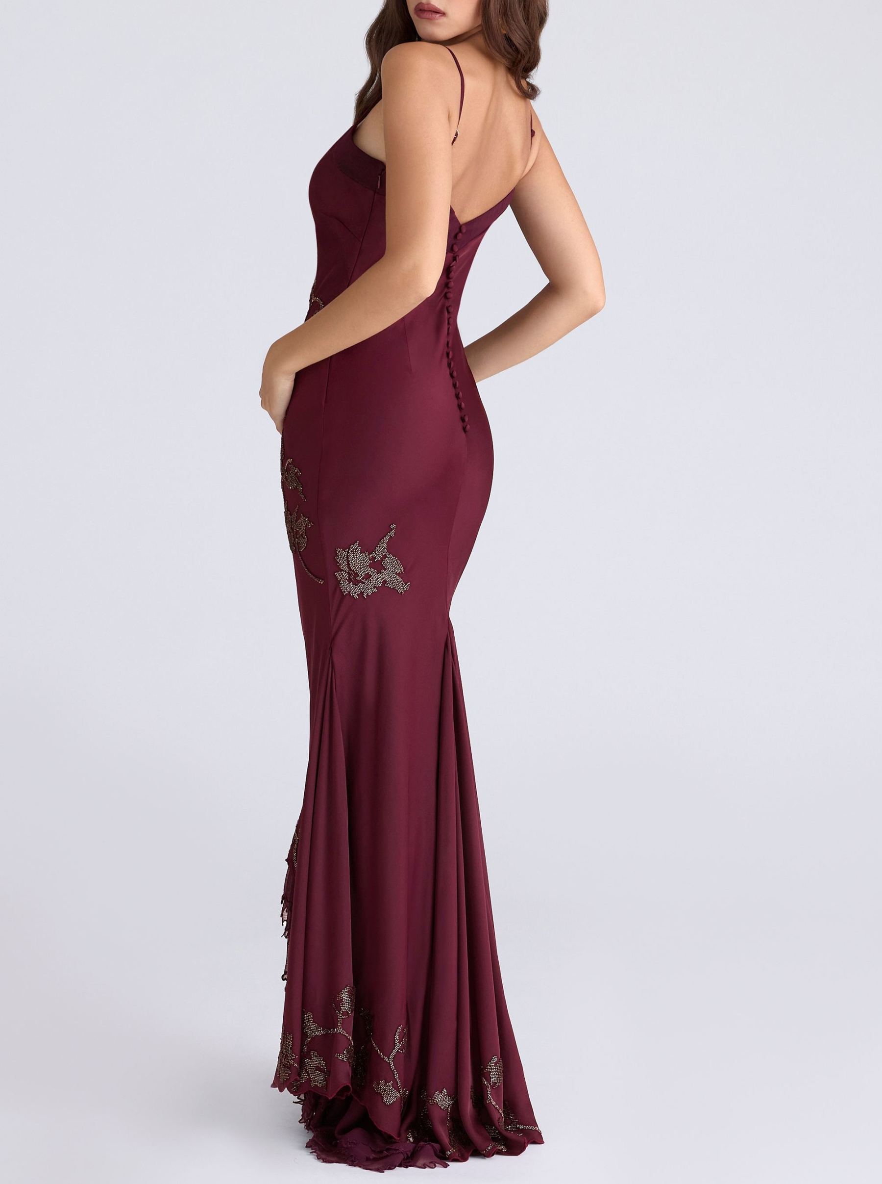 Plum Hand Beaded Embellished Satin Maxi Dress