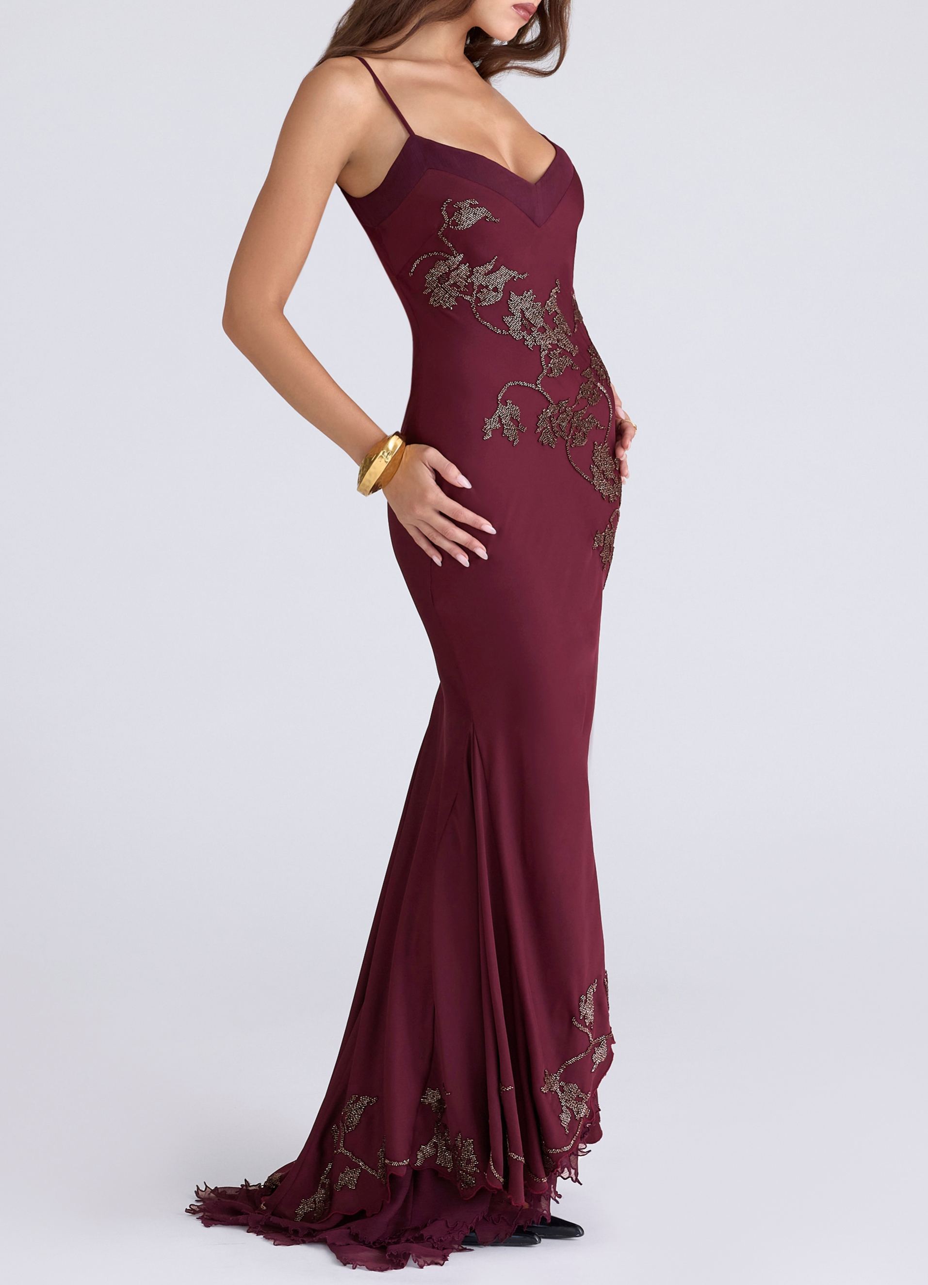 Plum Hand Beaded Embellished Satin Maxi Dress