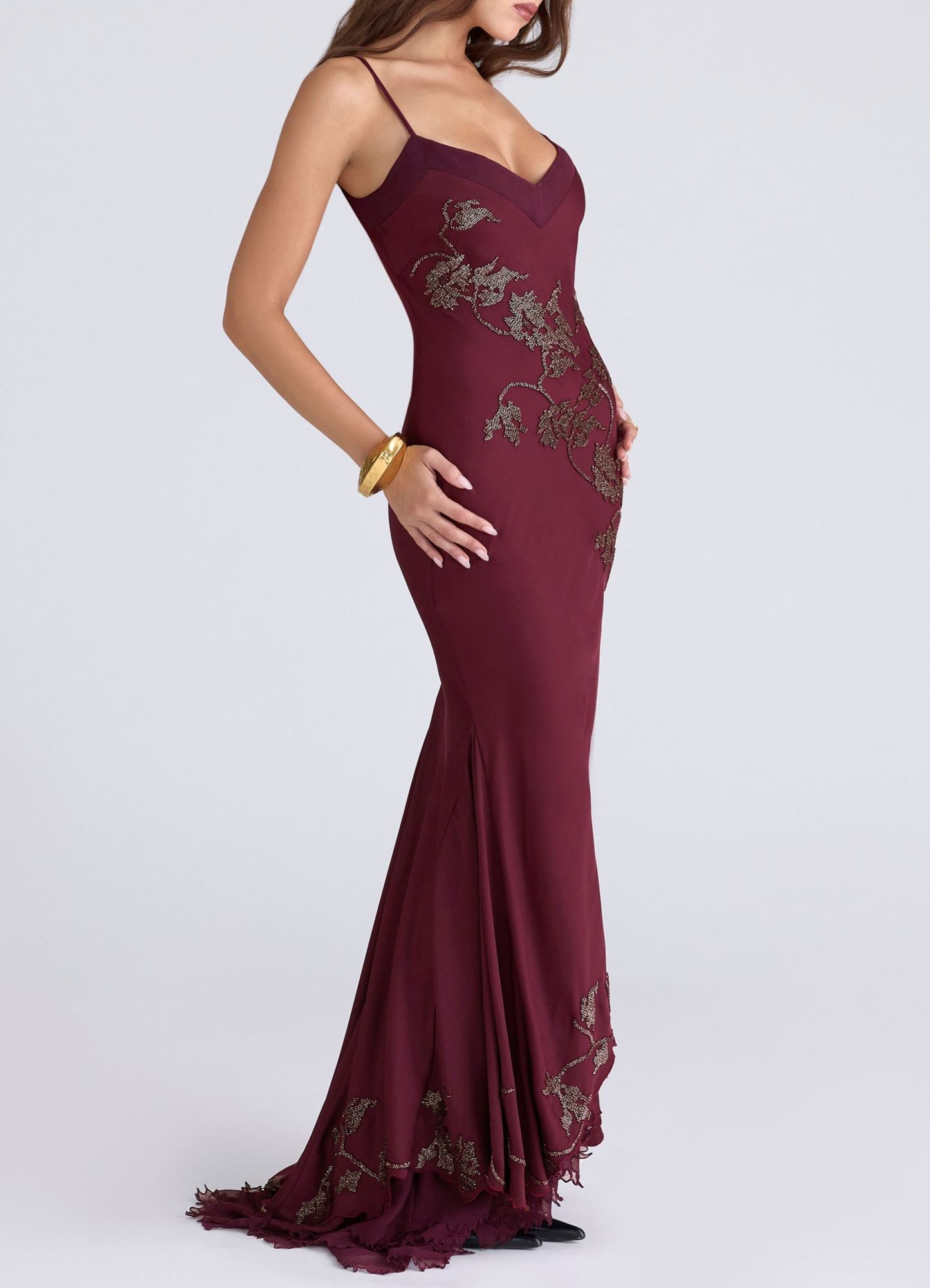 Plum Hand Beaded Embellished Satin Maxi Dress