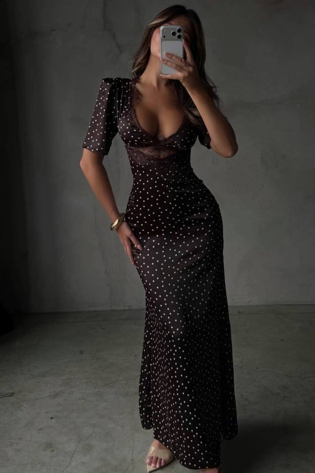 Chic Lace Polka Dot Short-Sleeved Maxi Dress