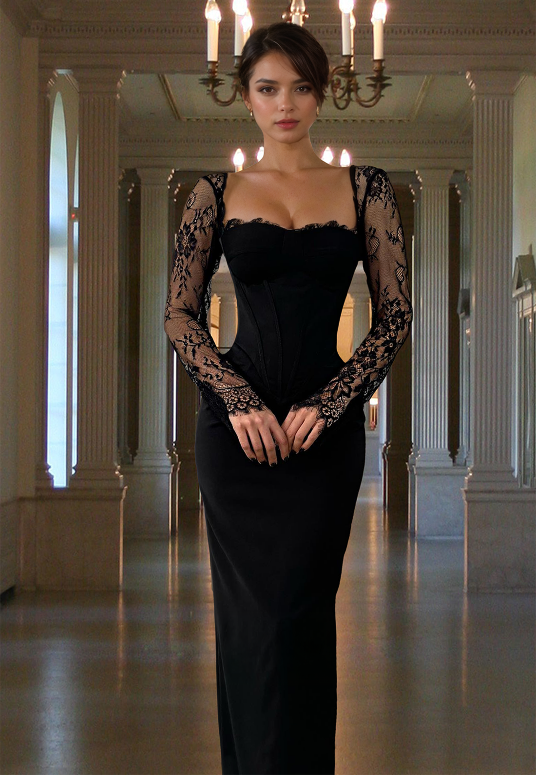Black Lace Appliques Bodycon Mermaid Maxi Dress