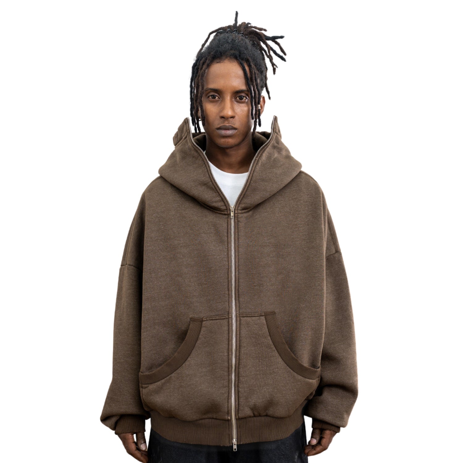 Double Zip Up Streetwear Brown Hoodie
