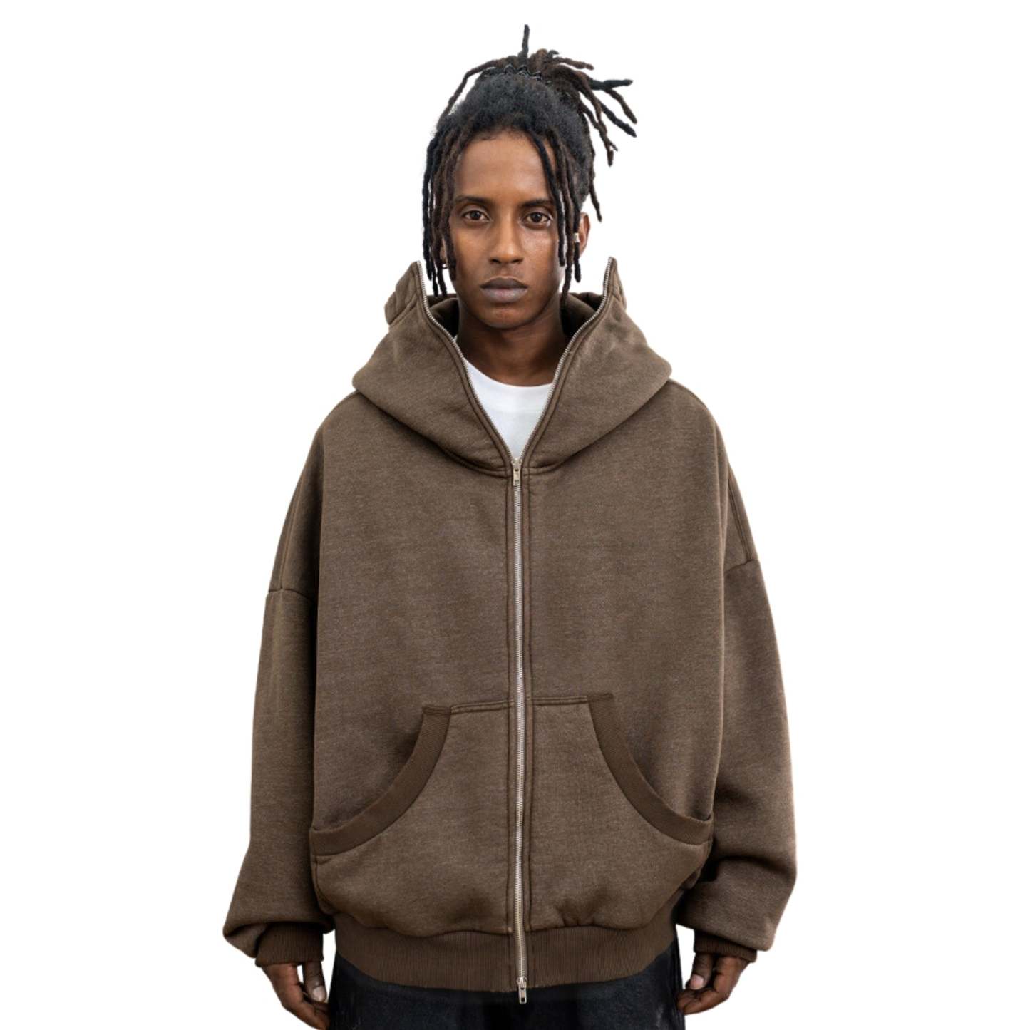 Double Zip Up Streetwear Brown Hoodie
