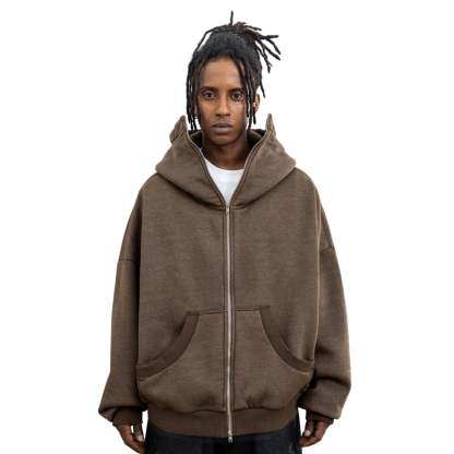 Double Zip Up Streetwear Brown Hoodie
