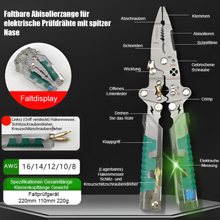 【Mit Spannungsprüfer】Industriequalität Multifunktionale faltbare Elektriker-Abisolierzange🔥VDE-Zertifizierung und GS-Sicherheitszertifizierung