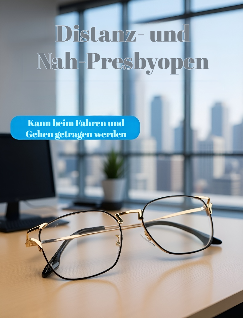 Multifokus-Lesebrille aus Titan mit Blaulichtfilter auf Schreibtisch