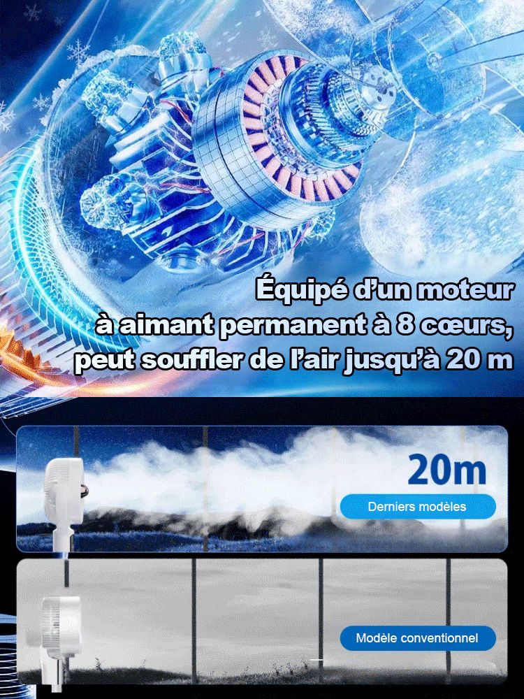 Le ventilateur de climatisation ultra-silencieux et économe en énergie peut rapidement réduire la température intérieure de 40 degrés à 20 degrés en moins d'une minute après sa mise sous tension.