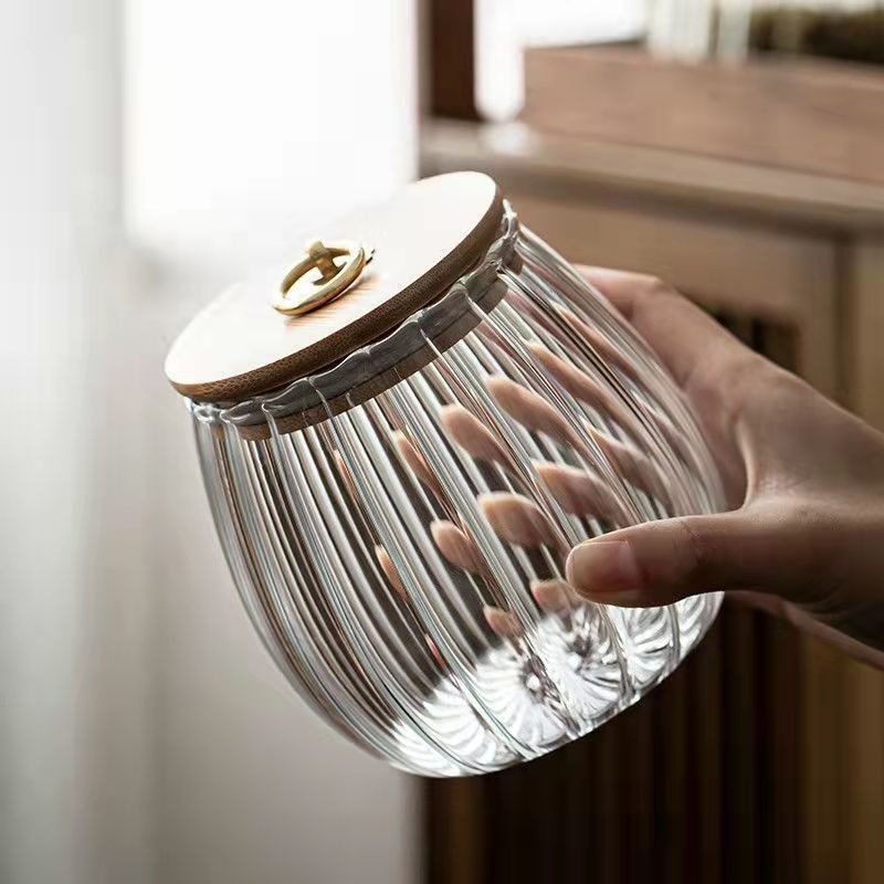 Large Capacity Glass Tea Jar Bamboo Sealed Storage Jar Household Simple Transparent Storage Bottle Kitchen Supplies