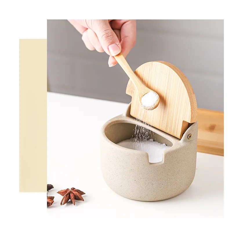 Japanese Ceramic Bamboo and Wood Lid Seasoning Jar Seasoning Box Kitchen Seasoning Storage Jar Salt Sugar Jar Set