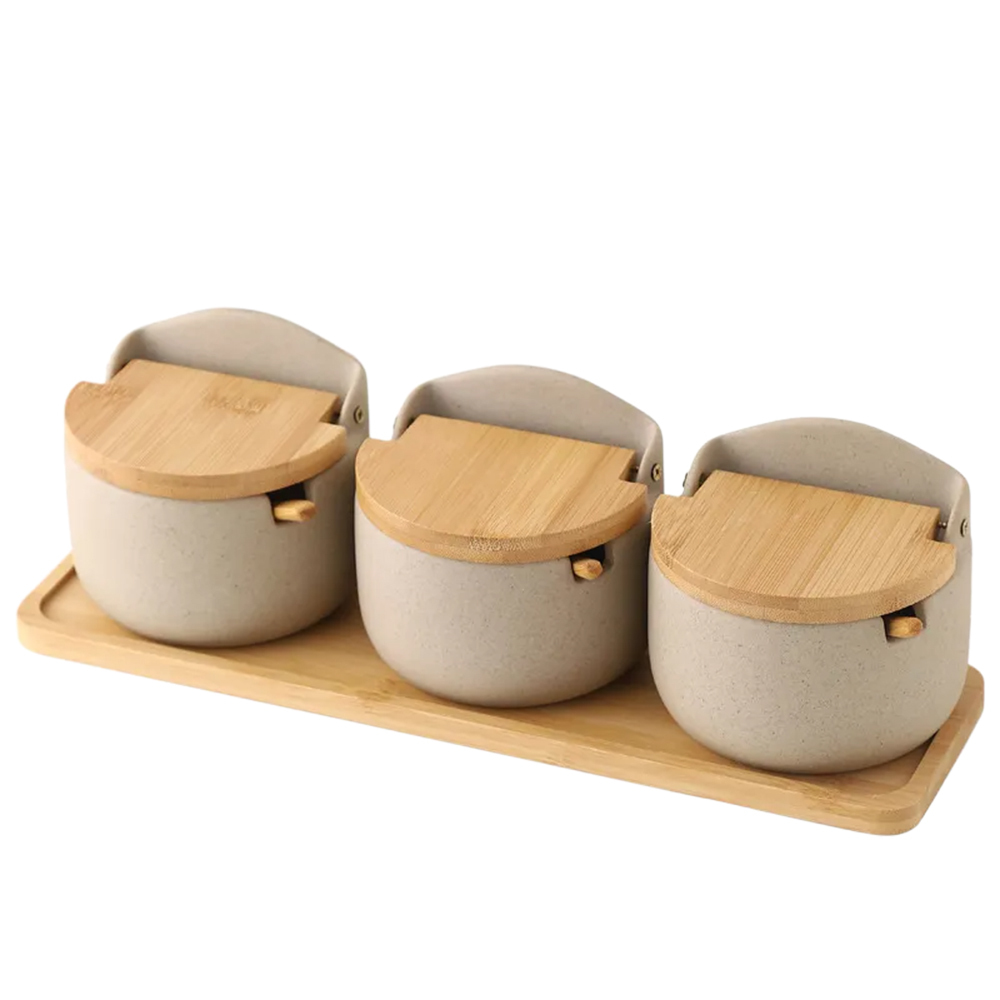 Japanese Ceramic Bamboo and Wood Lid Seasoning Jar Seasoning Box Kitchen Seasoning Storage Jar Salt Sugar Jar Set