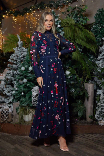 Navy Christmas Embroidered Maxi Dress with Lace Panels