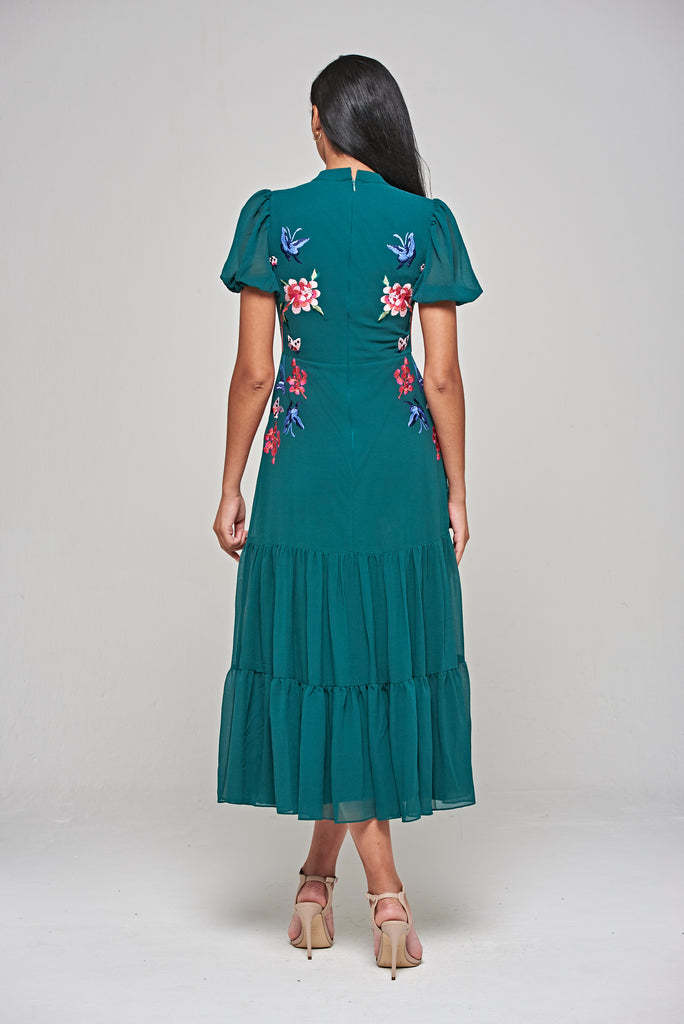 Green Floral Embroidered Midi Dress