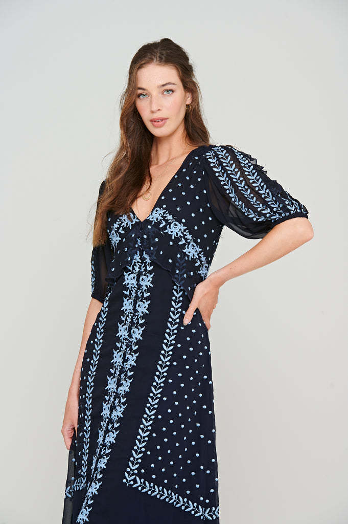 Navy Embroidered Button Through Maxi Dress