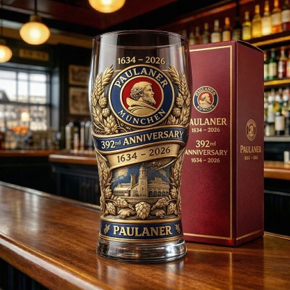 Paulaner 1634–2026 · 392th Anniversary 3D Relief Pint Glass