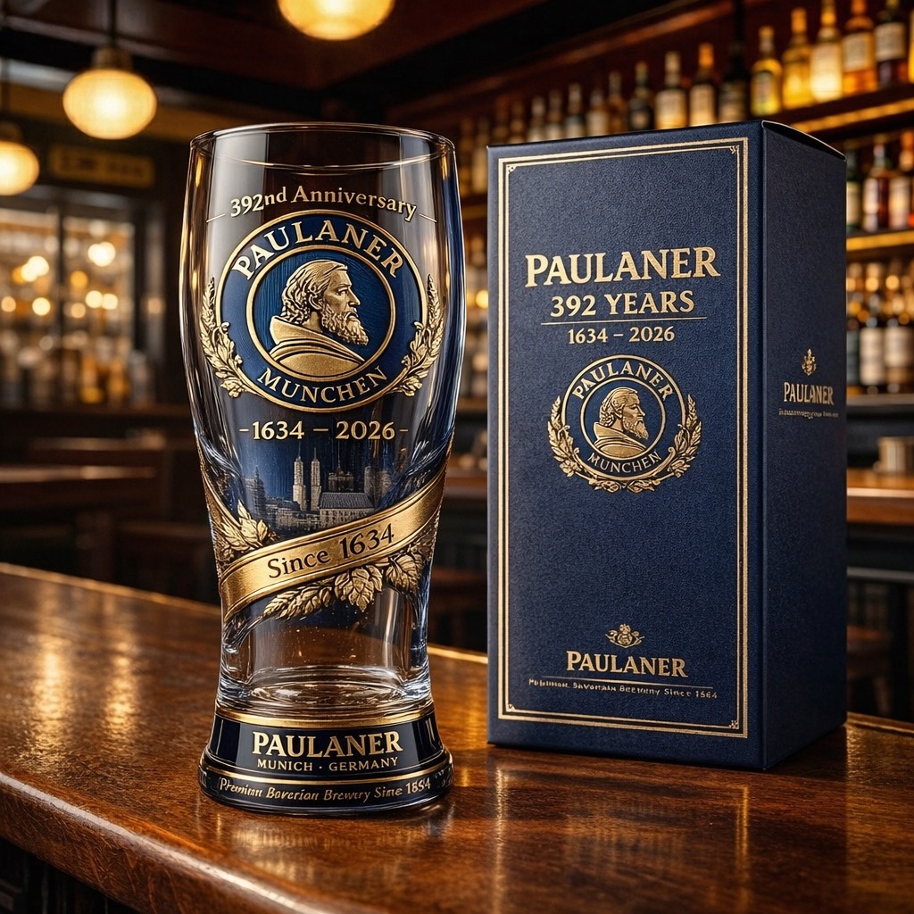 Paulaner 1634–2026 · 392th Anniversary 3D Relief Pint Glass