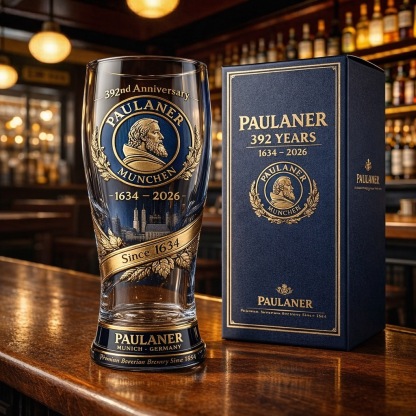 Paulaner 1634–2026 · 392th Anniversary 3D Relief Pint Glass