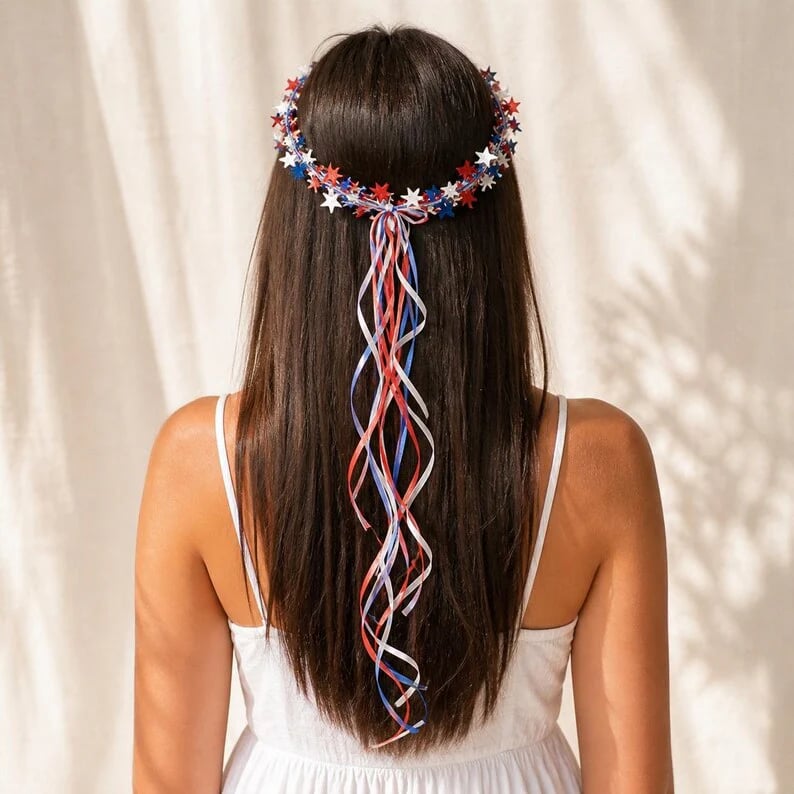 Sparkling Americana Star Crown with Flowing Ribbons ✨ | Patriotic Hair Accessory