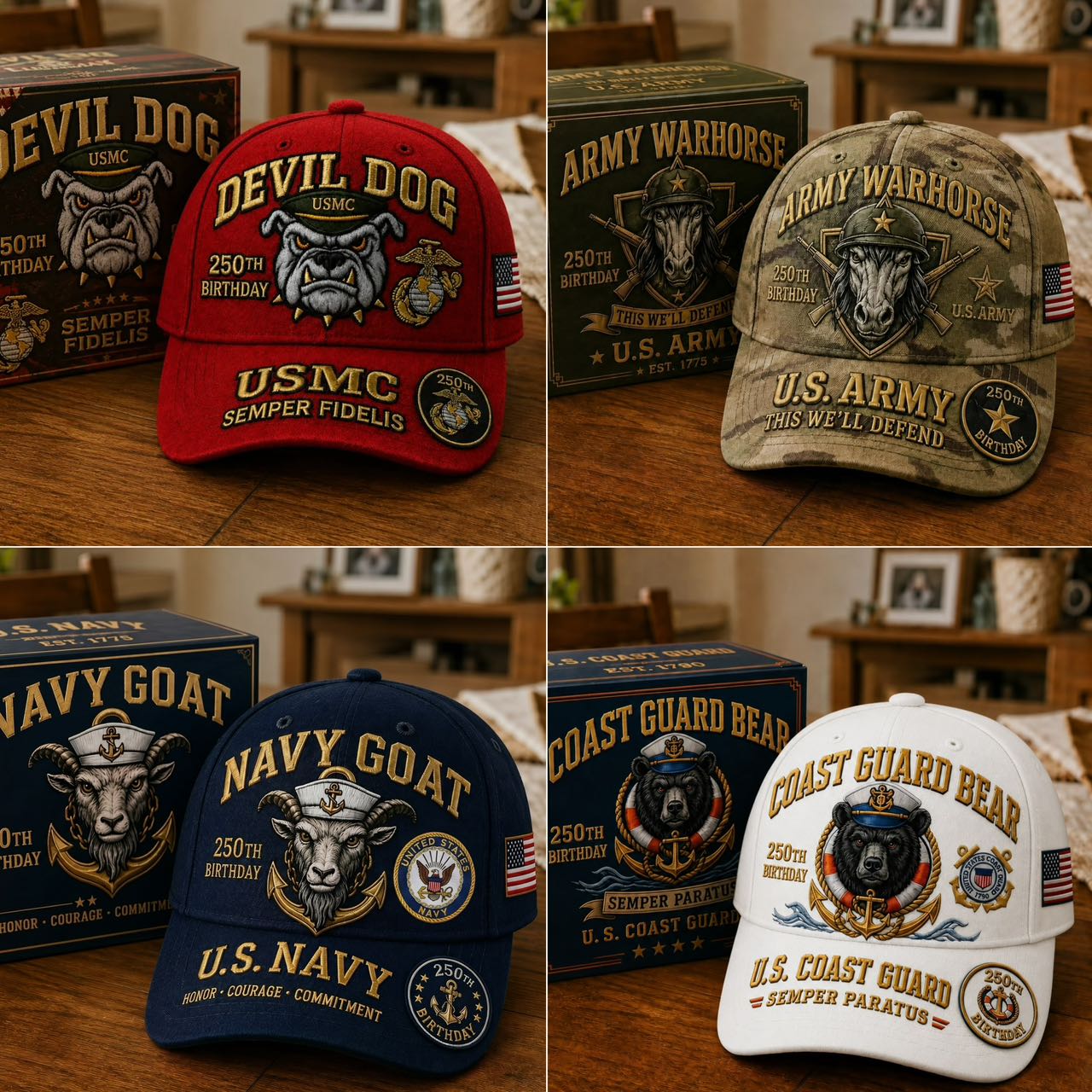🔥 Father’s Day Sale - ❤️ U.S. Military Mascot 250th Anniversary Embroidered Cap Collection 🇺🇸