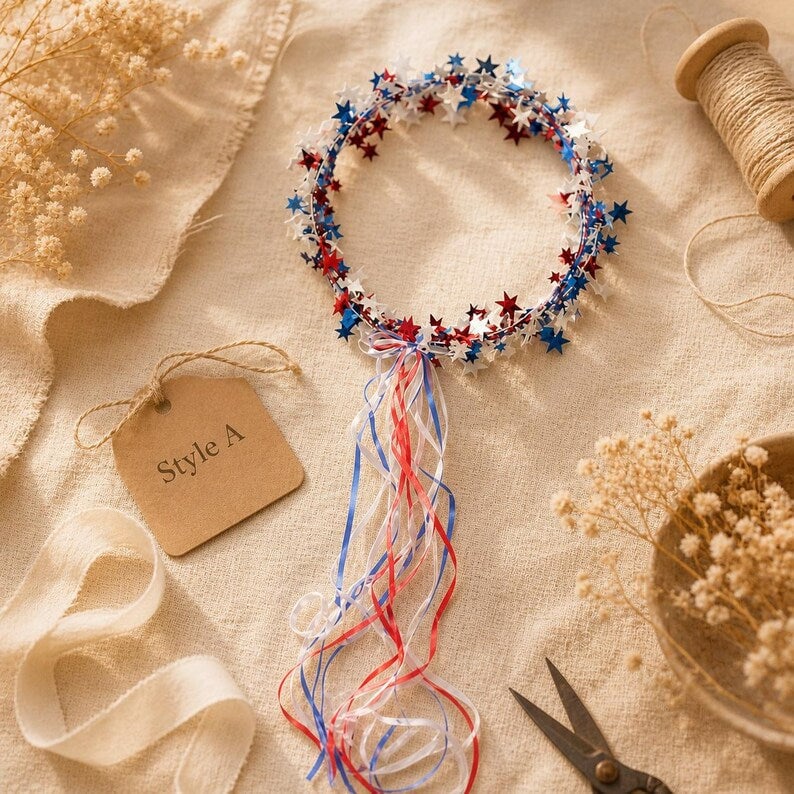 Sparkling Americana Star Crown with Flowing Ribbons ✨ | Patriotic Hair Accessory