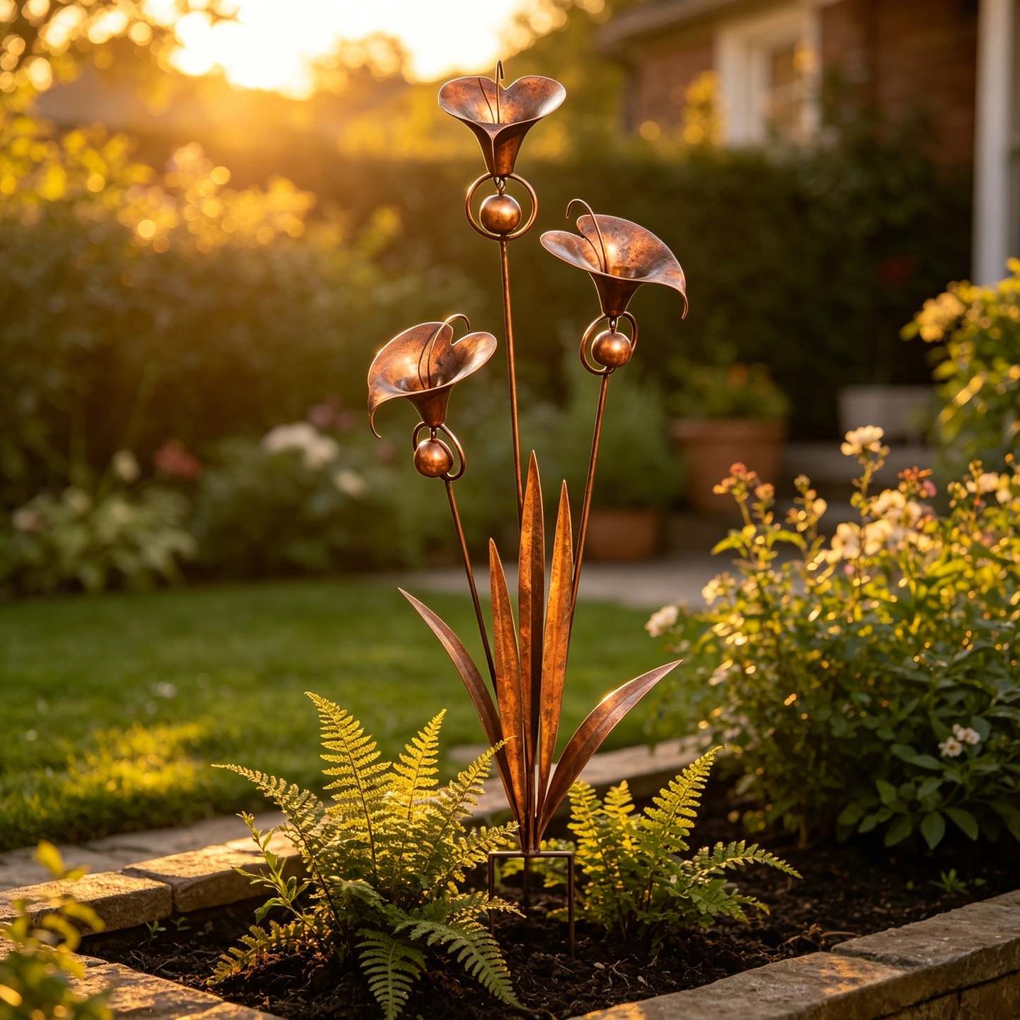 🏡Flamed Copper Three Calla Lilies Garden Stake with Bells