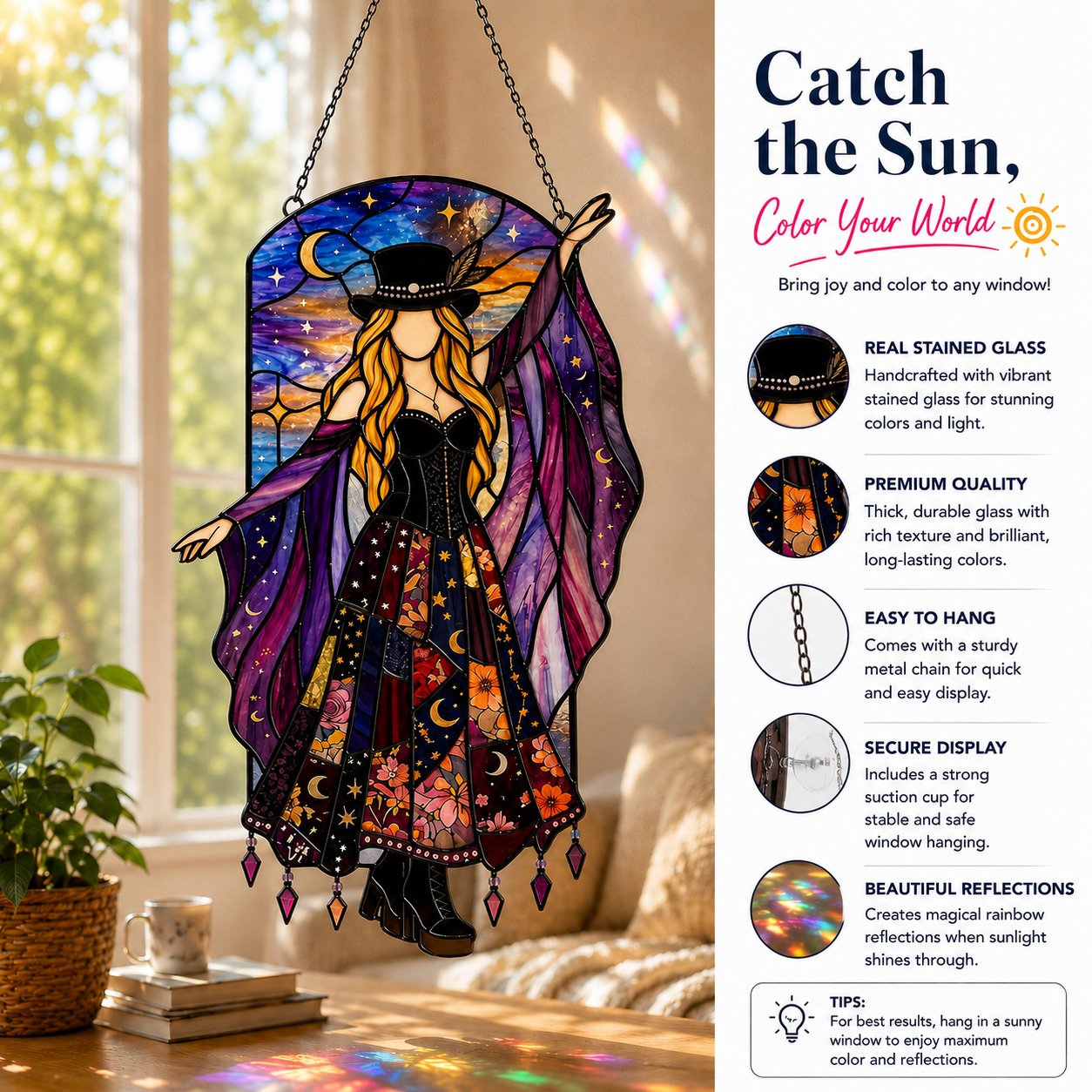 💥 LAST DAY 60% OFF - 💃 Rock Goddess Stevie 🤘 Handmade Stained Glass Spinning Suncatcher