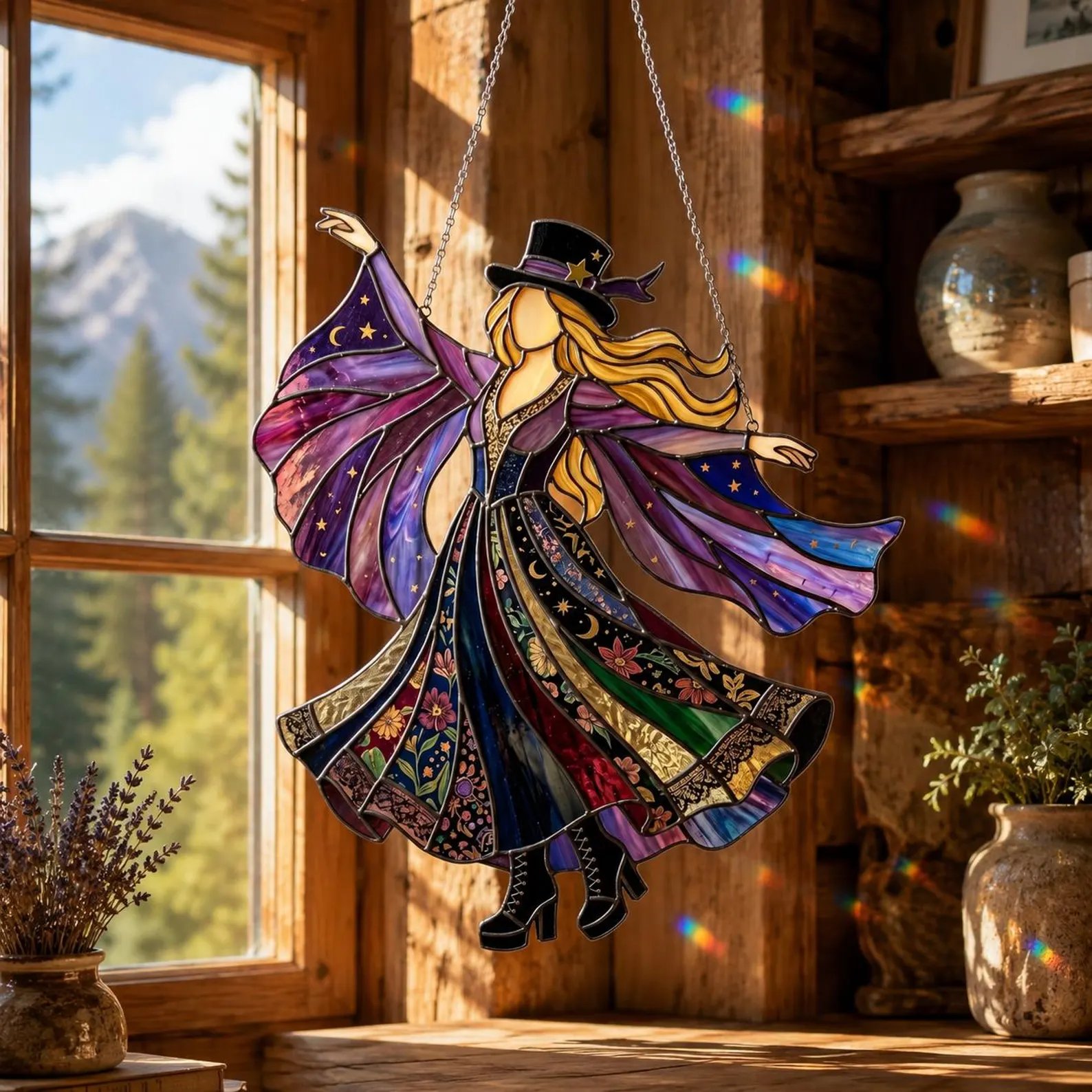 💥 LAST DAY 60% OFF - 💃 Rock Goddess Stevie 🤘 Handmade Stained Glass Spinning Suncatcher