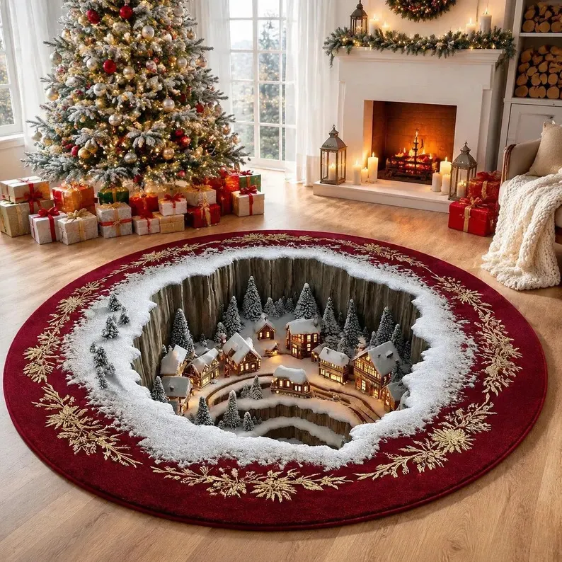 🎄3D-Weihnachtswichtel-Teppich mit optischer Täuschung | Lustige, festliche Must-have-Wohndeko⭐🏠🎁