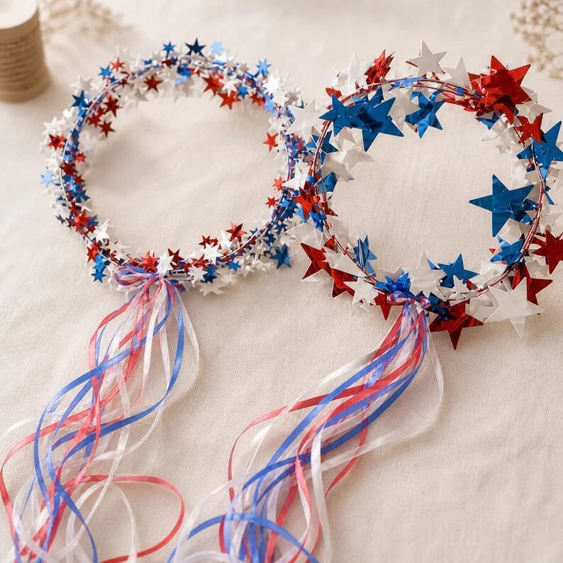 Sparkling Americana Star Crown with Flowing Ribbons ✨ | Patriotic Hair Accessory