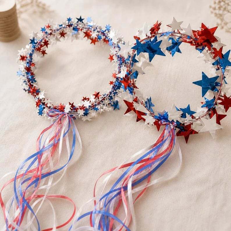 Sparkling Americana Star Crown with Flowing Ribbons ✨ | Patriotic Hair Accessory